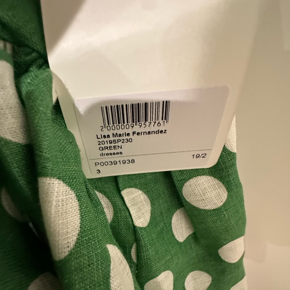 NWT Lisa Marie Fernandez Arden One Shoulder Linen Green & White Polka Dot Dress - Picture 7 of 10